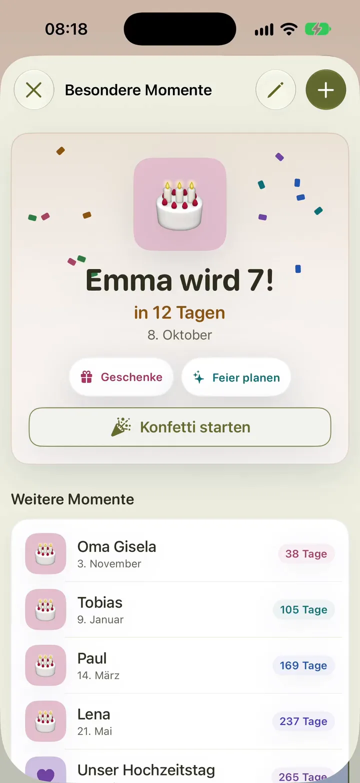 „Emma wird 7! In 12 Tagen“: Konfetti fällt über die Karte, „Konfetti starten“ lässt es noch einmal regnen. Darunter Oma Gisela, Tobias, Paul und Lena mit Countdown.