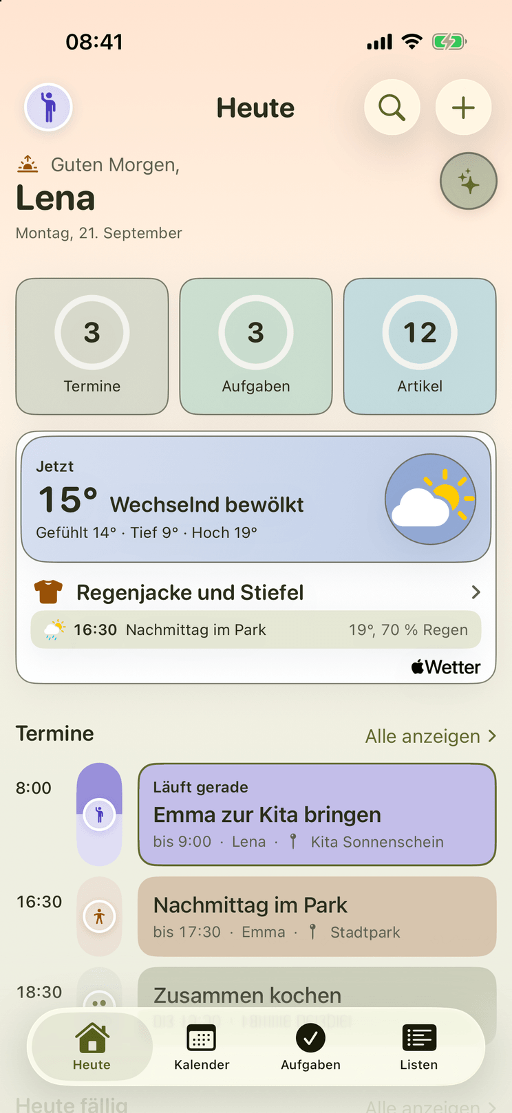 „Heute“ mit Begrüßung, drei Kacheln, Anziehempfehlung und dem Tagesverlauf.