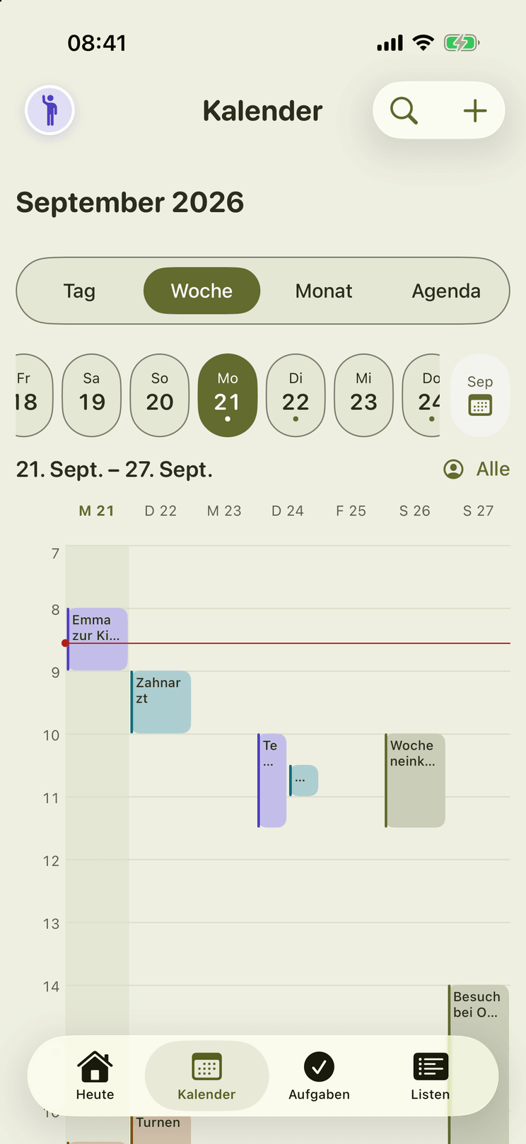 Die Wochenansicht mit Stundenraster, sieben Tagesspalten und farbigen Terminflächen.