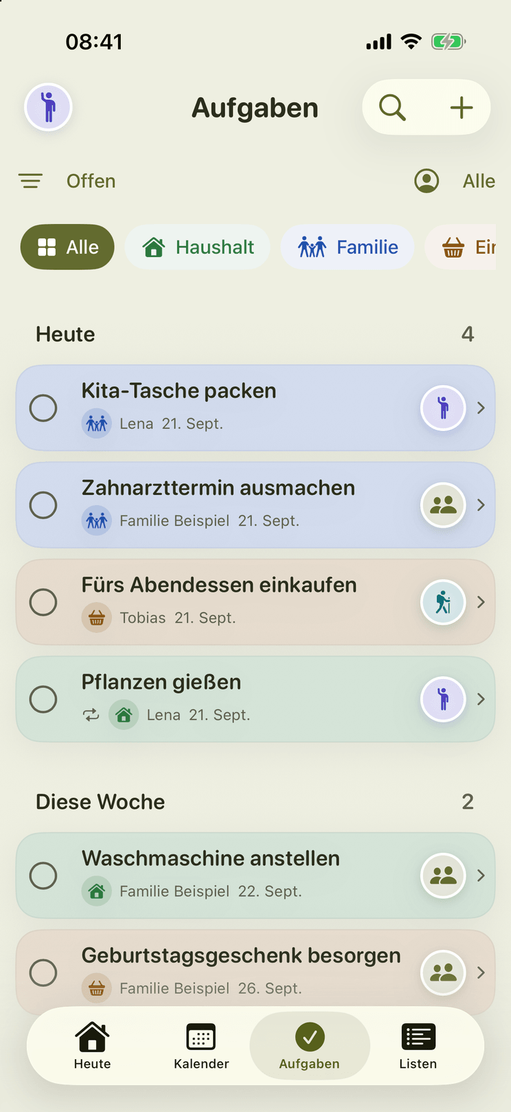 Die Aufgabenliste mit Kategoriefiltern und den Gruppen „Heute“ und „Diese Woche“.