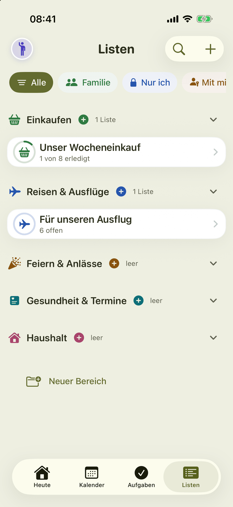Die Listenübersicht mit Bereichen und einem Fortschrittsring je Liste.