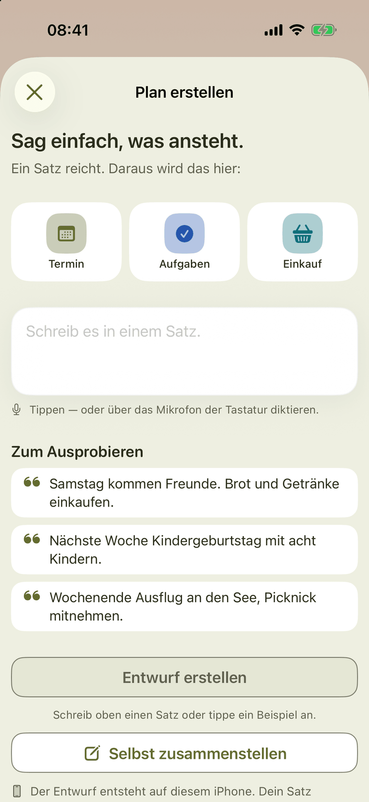 Das Blatt „Plan erstellen“ mit Satzfeld, drei Beispielsätzen und dem manuellen Weg.