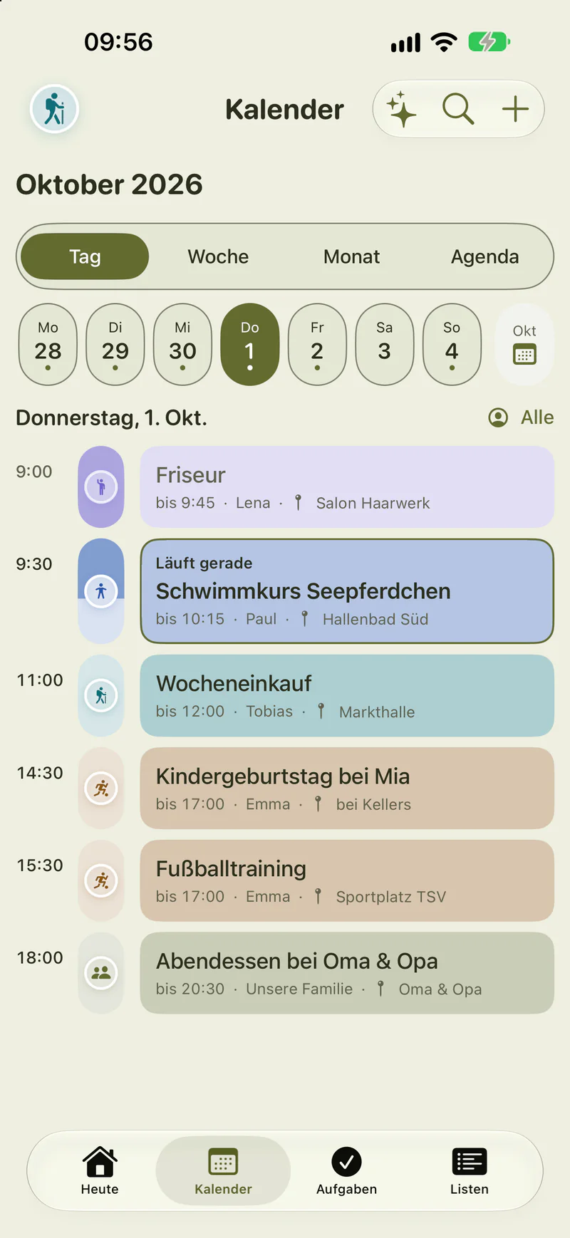 Die Tagesansicht für Donnerstag, 1. Oktober: Friseur, Schwimmkurs, Wocheneinkauf und Kindergeburtstag bei Mia auf einer Zeitachse.