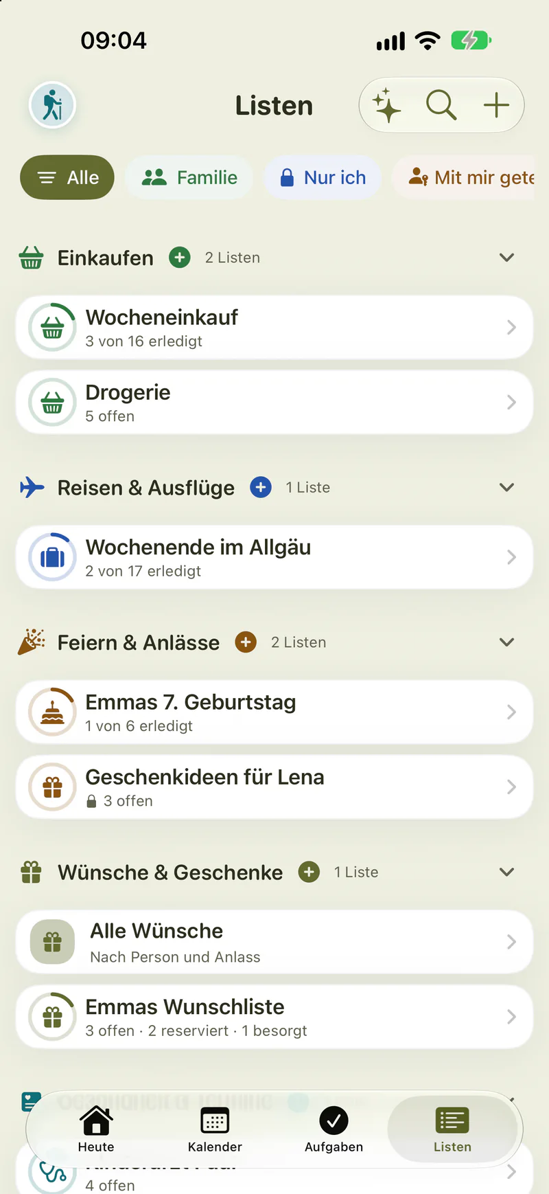 Die Listenübersicht mit den Bereichen Einkaufen, Reisen und Ausflüge, Feiern und Anlässe sowie Wünsche und Geschenke.