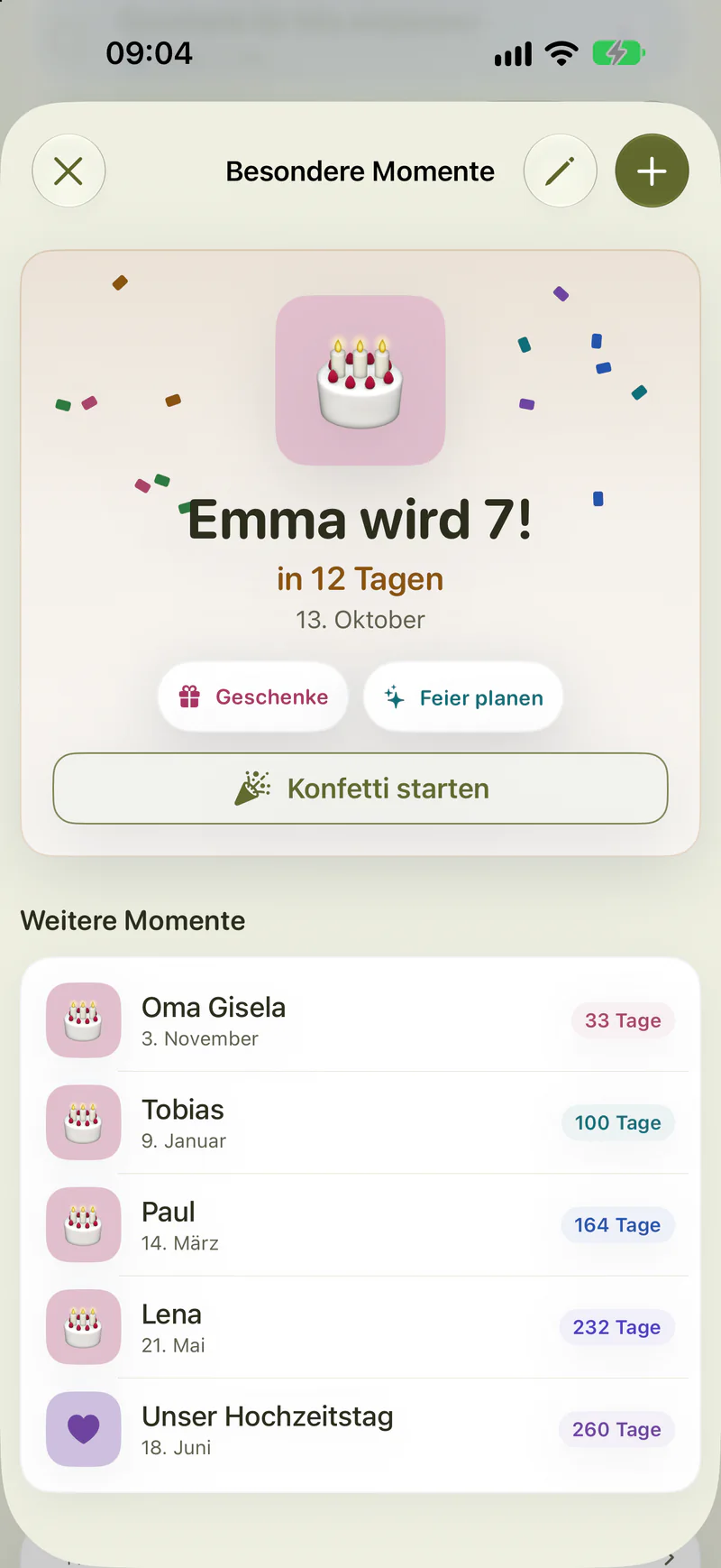 Besondere Momente: „Emma wird 7! In 12 Tagen“ mit Konfetti, darunter weitere Geburtstage mit Countdown.